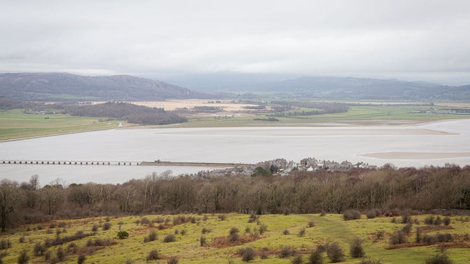 A view from Arnside Knott, with scrubland and trees which stretches out into the estuary. It's a grey day and there are clouds overhead. The viaduct at Arnside stretches out into the water.